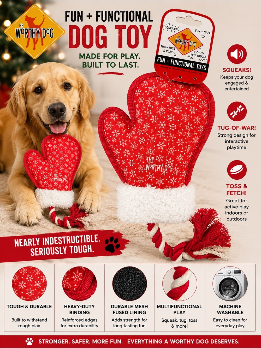 Red Snowflake Mitten Dog Toy with Rope — Squeaky Tug & Toss